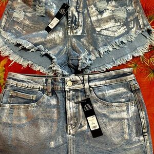 Denim and metallic silver Fashion nova shorts and skirt